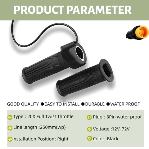 Full Twist Throttle Grip for Ebikes and Scooters, 22.2mm Clamp, 12V to 72V Universal, 3 Pin Waterproof Connector, Snappy Response and Smooth Acceleration on Most 24V to 72V Systems
