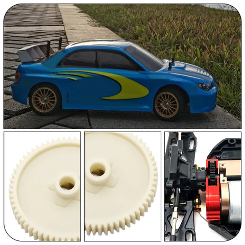 Beefed Up 61T 1 By 10 Spur Gear Replacement Pair for Tamiya TT01 RC Cars Upgrade Parts in creamy white plastic, shown with blue RC car