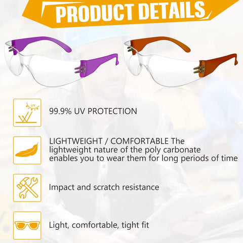 Unisex Safety Glasses Bulk Pack 84 Pairs With Polycarbonate Lens, Clear Anti Scratch Eyewear in purple and orange frames
