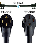 36 Foot 50 Amp RV Extension Cord With 14 50P Plug And 14 50R Receptacle, showing TT-30P and TT-30R connectors, outdoor use.