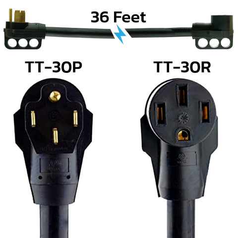 36 Foot 50 Amp RV Extension Cord With 14 50P Plug And 14 50R Receptacle, showing TT-30P and TT-30R connectors, outdoor use.