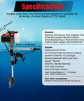 4 Stroke 53.2cc Outboard Motor with Air Cooling Hand Start and specifications chart over water background