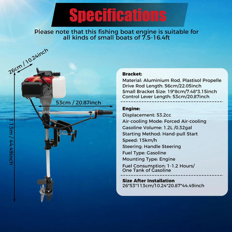 4 Stroke 53.2cc Outboard Motor with Air Cooling Hand Start and specifications chart over water background