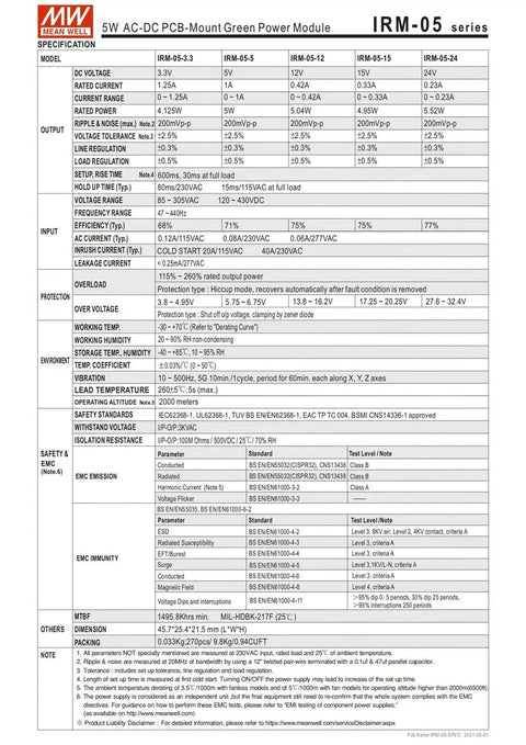 Plug And Play Pcb Mount Power Supply specification sheet measuring 45.7 x 25.4 x 21.5 mm for versatile automation jobs.
