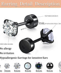 Matte Black Earring Set For Piercings Includes 7 Flat Back Stud Earrings And 4 Small Hoop Earrings In Titanium And Surgical Steel Black CZ Pearl Ball Opal Accents Lightweight Dope Dainty Jewelry For Cartilage Helix And Multiple Piercings, 316L steel, 6mm post