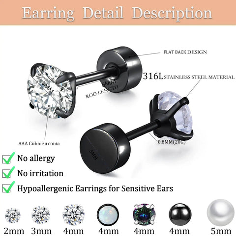 Matte Black Earring Set For Piercings Includes 7 Flat Back Stud Earrings And 4 Small Hoop Earrings In Titanium And Surgical Steel Black CZ Pearl Ball Opal Accents Lightweight Dope Dainty Jewelry For Cartilage Helix And Multiple Piercings, 316L steel, 6mm post