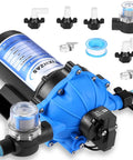 Heavy-Duty 7 GPM 70 PSI 110V Diaphragm Water Pump With Five Chamber Self Priming System components, pressure switch, and strainer