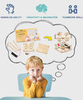 Child imagining Five In One Wooden STEM Kits For Kids With Amusement Park Theme Build A Ferris Wheel and other projects