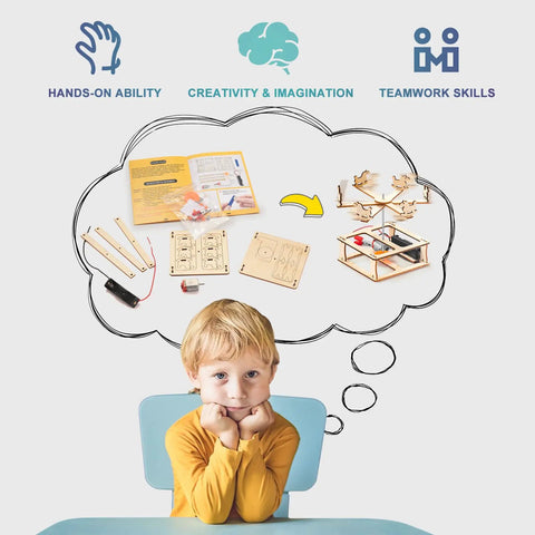 Child imagining Five In One Wooden STEM Kits For Kids With Amusement Park Theme Build A Ferris Wheel and other projects