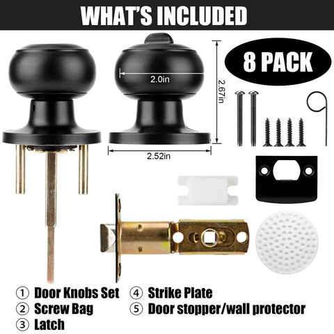 8 Pack Matte Black Privacy Door Knobs With Keyless Interior Lockset, Hardware, Instructions, Wall Protectors, Easy Install