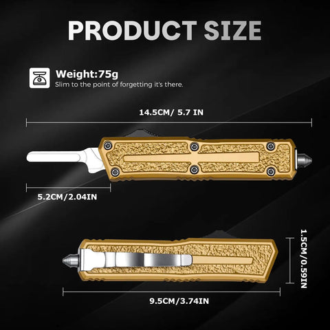 Product dimensions of Heavy-Duty All-Metal Utility Knife, Folding Box Cutter, showing weight and measurements.