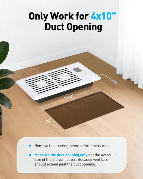 Quiet 10 Speed Register Booster Fan with Aroma Diffuser Pad for 4x10 Ducts shown next to vent opening measure on wooden floor.