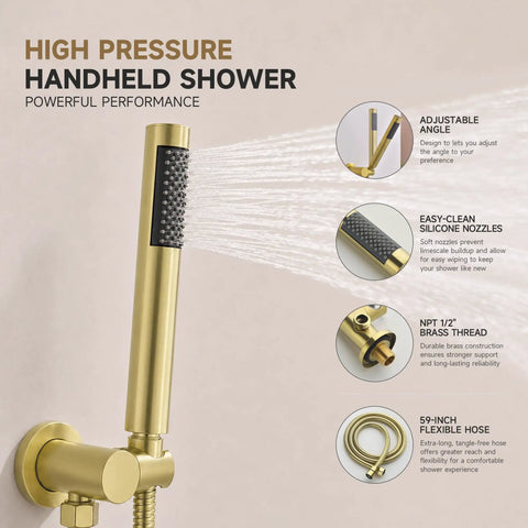 Totally Fire Premium All Metal Shower Faucet Set With Warm Gold Tone Eight Inch Rain Showerhead Curved Tub Spout Rust Proof Bathroom Hardware Upgrade