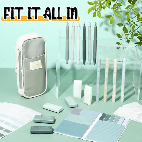 Back To School Stationery Kit With 38 Piece Aesthetic School Supplies Set Pen Case Gel Pens in green on display
