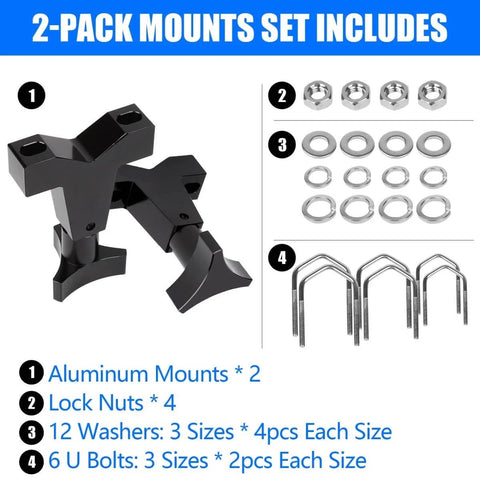 Hi Lift Jack Tube Mount For 1 To 2.5 Inch Tubing Fits Polaris RZR Offroad Rigs Universal Vehicle And Truck Adjustable High Lift Jack Mounting Aluminum With Stainless Hardware kit contents including mounts, nuts, washers, U-bolts.