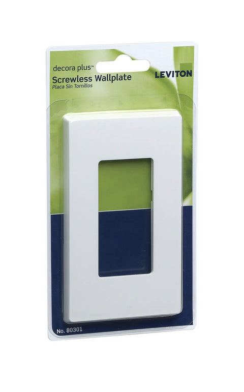 1-Gang Decora Plus Screwless Wall Plate White With Snap-On Sub Plate Durable Polycarbonate Cover For Easy Install Decora Compatible And Clean Sleek Finish For A Seamless Wall Look packaging
