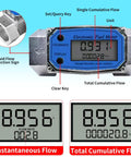 Close-up of 2 Inch Digital Turbine Flow Meter With NPT Thread for Water and Fuels, featuring LCD display and function keys.