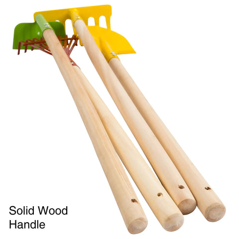 Kids Gardening Tool Set With Wood Handles 4 Piece Mini Garden Tools, colorful shovel, rake, and hoe with metal heads and wood handles