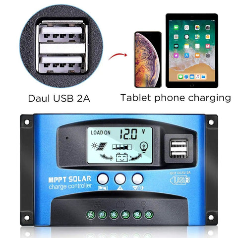 MPPT Solar Charge Controller 100A 12V/24V auto regulator with dual USB ports and large LCD display for home solar systems