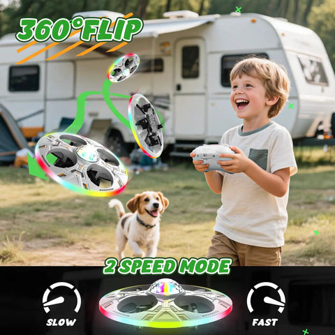 Child playing with UFO Drone For Kids Indoor Flying Toy Remote Control Aircraft With LED Lights Auto Hover Lightweight Foam