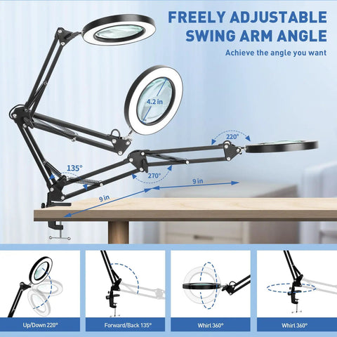 10X Real Glass Magnifier With LED Light And Clamp Desk Lamp 1800 Lumens Stepless Dimming 3 Color Modes 4.2 Inch Lens on desk