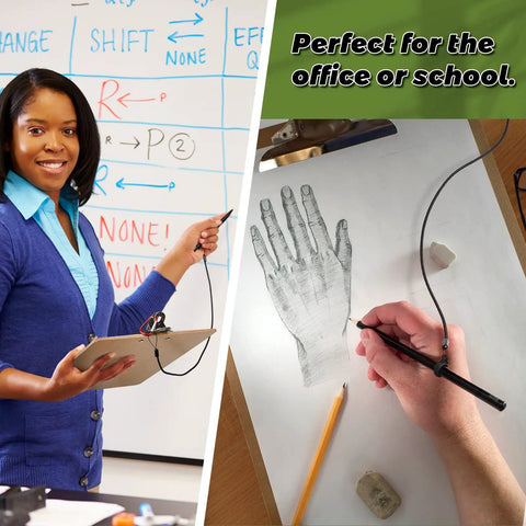 Person using 5 Sets 24 Inch Pen Leash Tether For Clipboard Lanyard Holder and drawing hand with stylus tether on paper, office setting.
