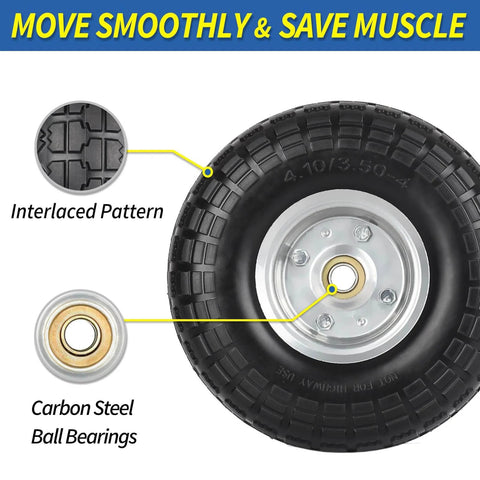 Flat Free Solid Tire And Wheel Set For Hand Trucks And Garden Carts, 10 Inch Diameter, side view with interlaced pattern and bearings