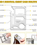 Eleven-in-one survival credit card multitool with knife edge, can opener, saw blade, and various wrenches. Stainless steel design.