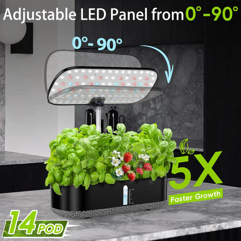 Dope Hydroponics Grow Kit With LED Grow Light For Indoor Herb Garden 14 Pods Full Spectrum Rotatable Light Panel Auto On Off Timers 12 14 16 Hours 5L Water Tank Harvest Basil Tomato Black displayed on a kitchen counter.