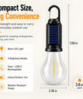 4 Pack Solar Camping Lanterns Portable LED USB Rechargeable Emergency Lights for indoor and outdoor use, compact design with measurements.