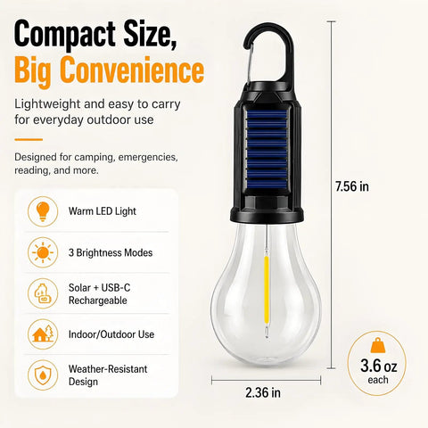 4 Pack Solar Camping Lanterns Portable LED USB Rechargeable Emergency Lights for indoor and outdoor use, compact design with measurements.