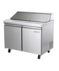Commercial Nine Point Five Cubic Feet Stainless Steel Sandwich And Salad Prep Table Refrigerator with open lid for easy access.