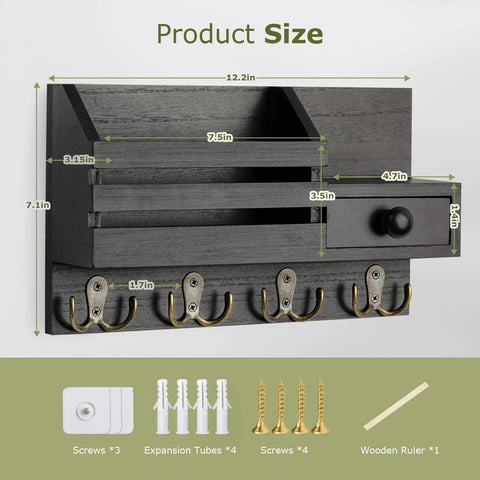 Premium Wooden Key Holder Wall Mount Mail Organizer With No Sweat No Drill Adhesive Mount And Sturdy Triangle Hooks Top Notch Entryway Storage Black