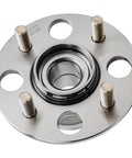 Two Piece Rear Wheel Bearing Hubs Kit For 2001 Through 2005 Honda Civic Complete Rear Assembly For Left And Right Sides 4 Bolt Design ABS Ready Replacement, top view of wheel bearing hub with four bolt design and metal construction