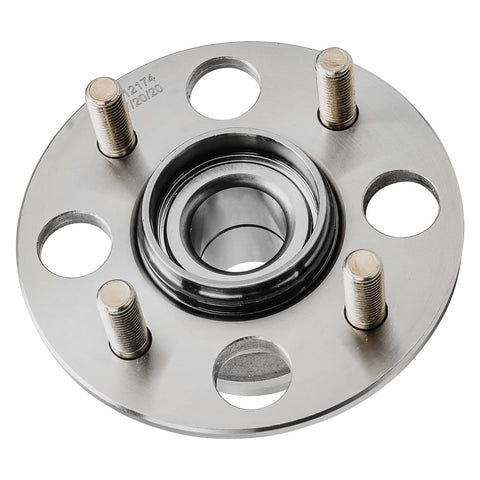 Two Piece Rear Wheel Bearing Hubs Kit For 2001 Through 2005 Honda Civic Complete Rear Assembly For Left And Right Sides 4 Bolt Design ABS Ready Replacement, top view of wheel bearing hub with four bolt design and metal construction