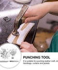 Person using 10mm Steel Eyelet Punch Tool And Base Kit With 100 Silver Eyelets for DIY leathercraft and clothing accessories installation.