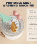 Hella Portable Compact Mini Washer For Underwear Gym Gear And Delicate Threads On The Road Or In Small Spaces Featuring Rechargeable Battery And Agitating Spin Cycle Made For Dorm Apartment RV Camper Life And Super Easy Cleanup with colorful lingerie and water splashes.