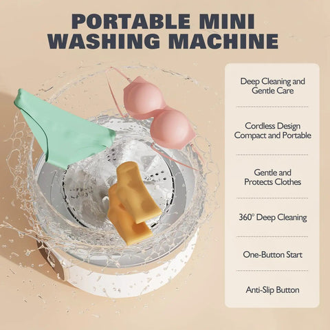 Hella Portable Compact Mini Washer For Underwear Gym Gear And Delicate Threads On The Road Or In Small Spaces Featuring Rechargeable Battery And Agitating Spin Cycle Made For Dorm Apartment RV Camper Life And Super Easy Cleanup with colorful lingerie and water splashes.