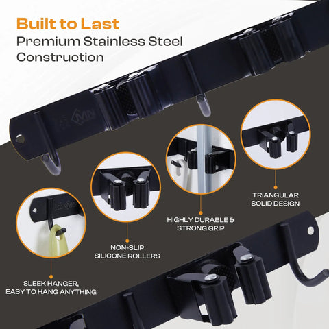 Heavy Duty Stainless Steel Broom Holder Wall Mount With 3 Racks And 4 Hooks, Waterproof Mop And Broom Organizer for secure grip.