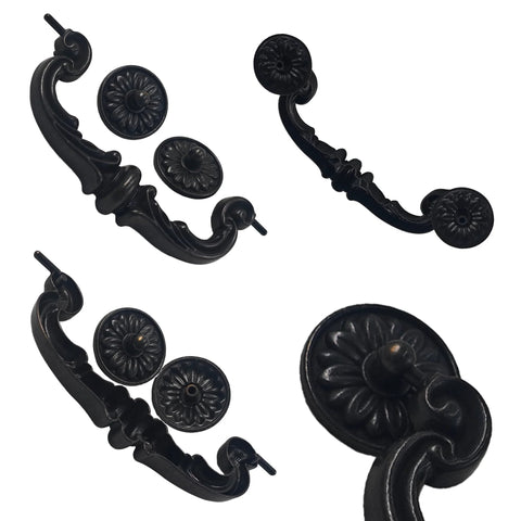 2 Pack Drop Bail Cabinet Handles, 7.4 inch length, 5.9 inch center hole spacing, vintage zinc alloy, rustic black finish