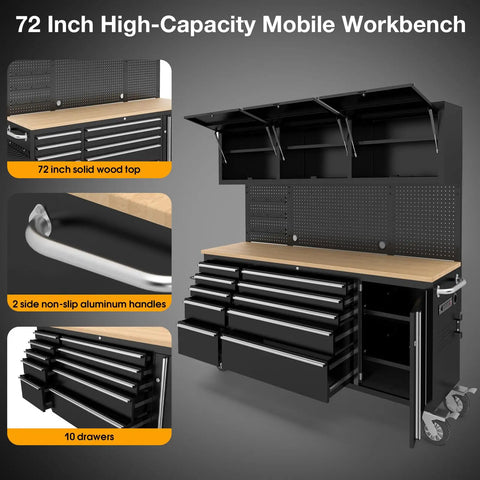 Top Shelf 72 Inch Rolling Tool Chest With 10 Smooth Drawers Solid Rubber Wood Top Mobile Workstation Featuring Built In Power Strip And Secure Locking System For Garage Pro Rigs close-up of drawers and aluminum handles.