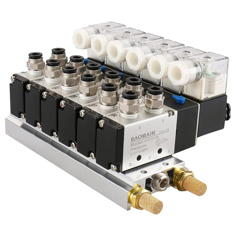 Six Port Pneumatic Solenoid Valve 4V210-08 AC 24V 2 Position 5 Way With Base Muffler And Quick Fittings Set in metal casing