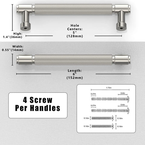 Dimensions of Brushed Satin Nickel Knurled Cabinet Pulls 5 Inch 128mm Pack Of 10 For Kitchen Cabinets And Drawer Fronts Premium Zinc Alloy Handles