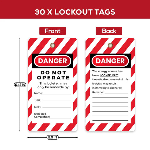 Front and back view of lockout tags from Lockout Tagout Safety Locks Set With 30 Keyed Different Padlocks And Two Keys Per Lock OSHA