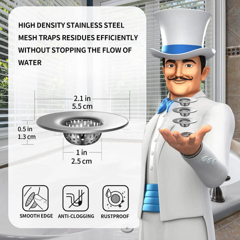 Cartoon character presenting Stainless Steel Bathroom Sink Strainer Set 3 Pack Hair Catcher For Bathroom Laundry And Utility Sinks Outer Diameter 2.1 Inches Inner Diameter 1 Inch with mesh diagram.
