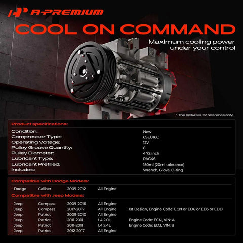 Smooth Ride High Output AC Compressor With Clutch And Six Groove Pulley For Jeep Compass Patriot 2009 To 2017 image showing detailed product specifications.