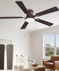 LEDIARY 52inch Ceiling Fans with Light Pull Chain and Remote Control Brown, displayed in a stylish room with 5 wooden blades.