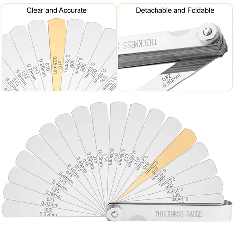 Guslcez stainless steel 32‑blade feeler gauge set with dual‑marked metric and imperial scales in a fan layout