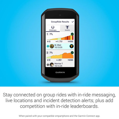 Premium GPS Cycling Computer With Vivid Color Touchscreen showing group ride results and smart connectivity features.