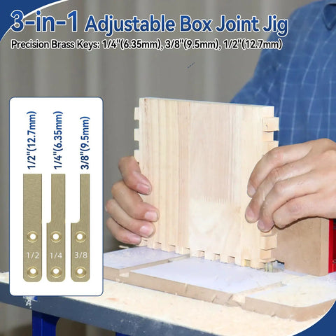 Person using a Box Joint Router Jig Kit for Table Saws and Router Tables with brass indexing keys in various sizes.